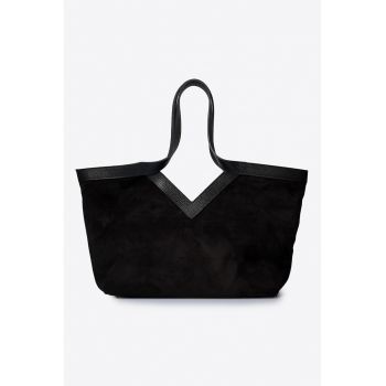 Geanta de piele intoarsa cu bareta de umar - Negru