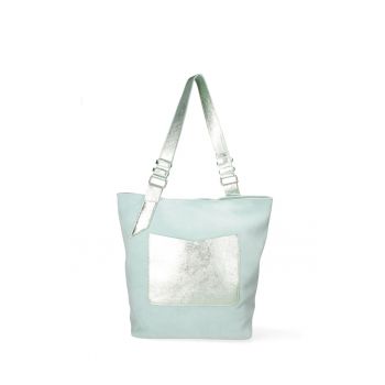 Geanta de piele intoarsa cu bareta de umar si apsect metalizat - Albastru aquamarin