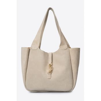 Geanta de piele intoarsa cu bareta de umar si etui interior detasabil - Bej deschis