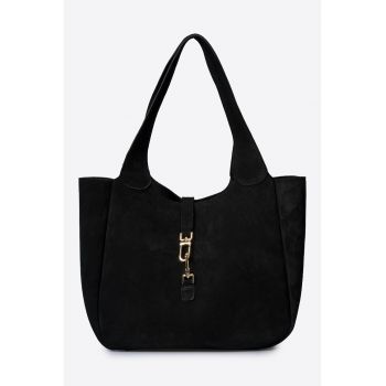 Geanta de piele intoarsa cu bareta de umar si etui interior detasabil - Negru