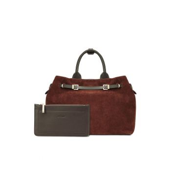Geanta din piele intoarsa cu bareta de umar si portofel detasabil - Maro inchis/Maro cognac