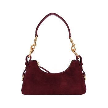 Geanta din piele intoarsa cu bareta de umar - Visiniu