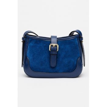 Geanta saddle cu bareta de umar si piele intoarsa - Bleumarin