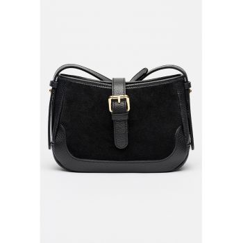 Geanta saddle cu bareta de umar si piele intoarsa - Negru