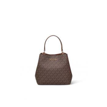 Geanta bucket de panza peliculizata cu monograma - Negru/Maro - 17 x 20 x 10.8 cm