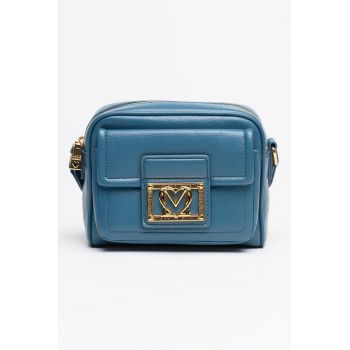 Geanta crossbody de piele ecologica cu buzunar frontal cu clapa - Albastru antichizat