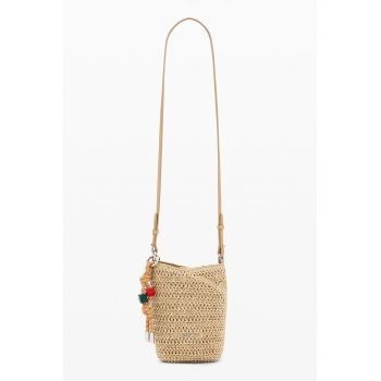 Geanta crossbody din paie cu bareta cu aspect impletit - Maro nisip