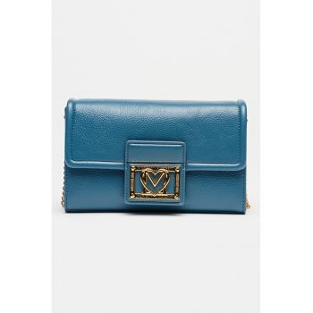 Geanta crossbody din piele ecologica cu logo metalic - Albastru prafuit