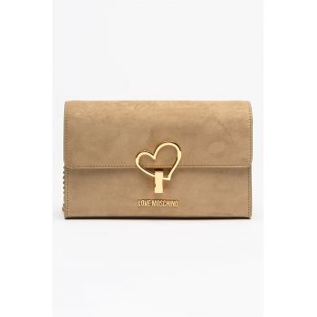 Geanta crossbody din velur cu logo metalic - Maro taupe inchis