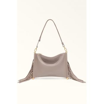 Geanta de piele cu bareta de umar si franjuri - Maro taupe deschis