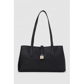 Geanta de piele cu detaliu lacat si bareta - Negru