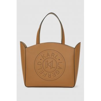 Geanta de piele cu maner si logo cu perforatii - Caramel