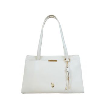 Geanta de piele ecologica cu accesoriu logo - Alb murdar