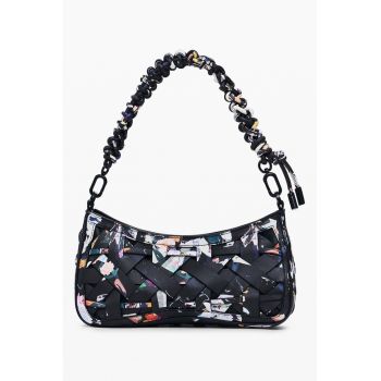 Geanta de piele ecologica cu bareta de umar - aspect tesut si model floral - Negru/Multicolor