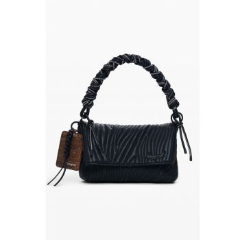 Geanta de piele ecologica cu bareta de umar - clapa si aspect texturat - Negru