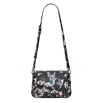 Geanta de piele ecologica cu bareta de umar - model floral si clapa asimetrica - Negru/Multicolor