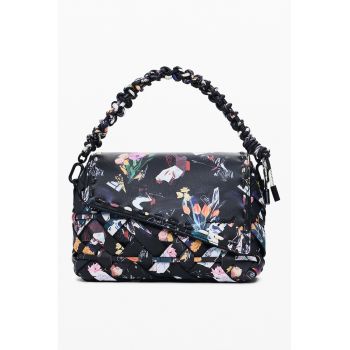 Geanta de piele ecologica cu bareta de umar - model floral si clapa asimetrica - Negru/Multicolor