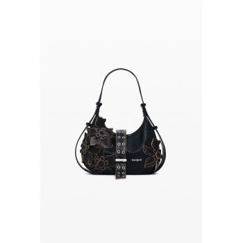 Geanta de piele ecologica cu bareta de umar si aplicatie in forma de floare - Maro inchis/Negru