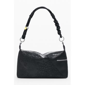 Geanta de piele ecologica cu bareta de umar si buzunar lateral - Negru