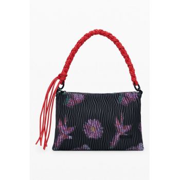 Geanta de piele ecologica cu bareta de umar si model - Negru/Violet