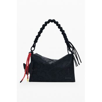 Geanta de piele ecoloigca cu bareta de umar si perforatii - Negru