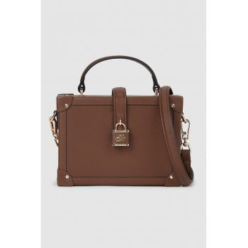 Geanta de piele structurata cu detaliu lacat si bareta - Maro