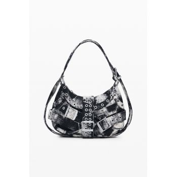 Geanta de umar din material textil cu catarama - Alb fildes/Negru antracit