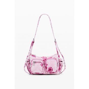 Geanta din denim cu bareta de umar - model floral si buzunare - Fucsia/Roz bombon