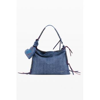 Geanta din denim cu bareta de umar si buzunar exterior cu fermoar - Albastru melange