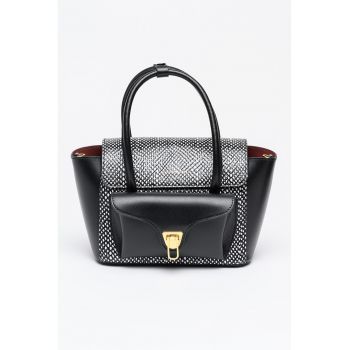 Geanta din piele cu maner si bareta aditionala Double Beat - Negru/Alb optic