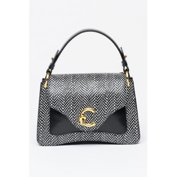 Geanta din piele cu maner si imprimeu C-Me - Negru/Alb optic