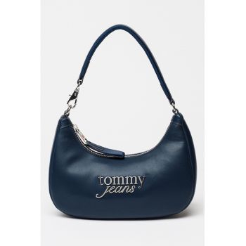 Geanta din piele ecologica cu bareta de umar si logo metalic - Bleumarin