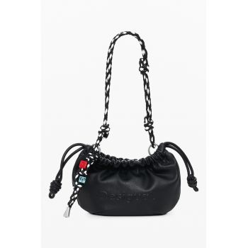 Geanta din piele ecologica cu bareta de umar si snur - Negru