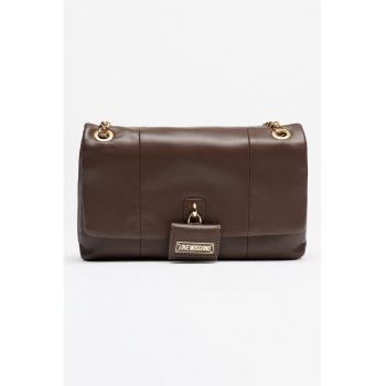 Geanta din piele ecologica cu bareta din lant - Maro inchis
