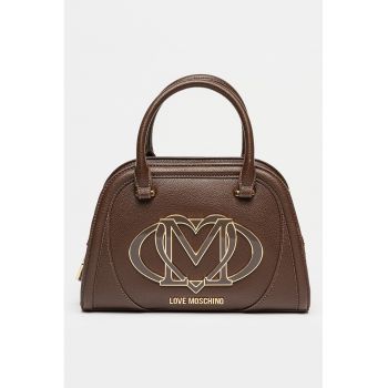 Geanta din piele ecologica cu maner si aplicatie logo supradimensionata - Maro inchis