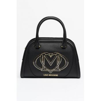 Geanta din piele ecologica cu maner si aplicatie logo supradimensionata - Negru