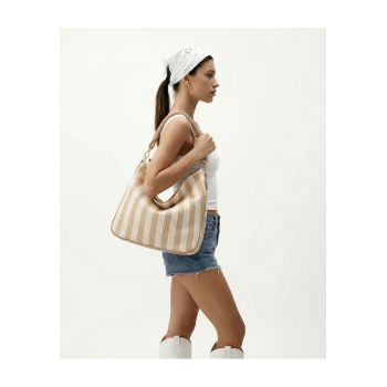 Geanta hobo cu dungi si aspect crosetat Lumena Plus - Bej