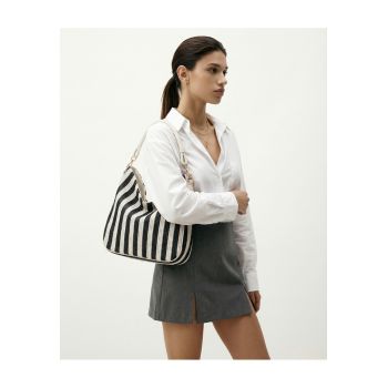 Geanta hobo cu dungi si aspect crosetat Lumena Plus - Negru