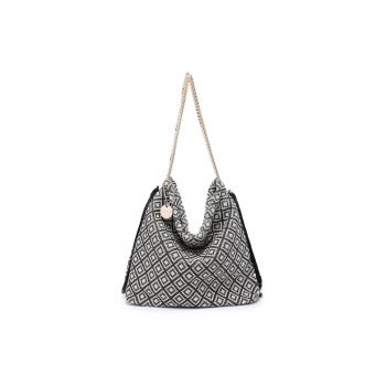 Geanta hobo cu model si barete de lant Valoria - Alb/Negru