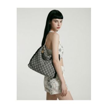 Geanta hobo cu model si barete de lant Valoria - Alb/Negru