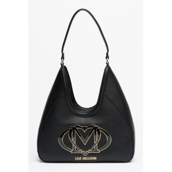 Geanta hobo din piele ecologica cu logo contrastant - Negru