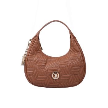 Geanta semiluna de piele ecologica cu bareta de umar si accesoriu detasabil - Maro scortisoara