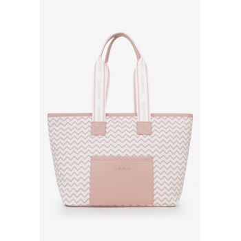 Geanta shopper cu model - Alb/Roz prafuit