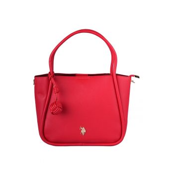 Geanta shopper de piele ecologica cu logo metalic - Rosu