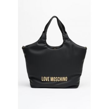 Geanta shopper din piele ecologica cu logo - Negru