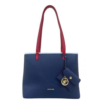 Geanta tote cu fermoar si cu etui - Rosu/Alb/Albastru inchis