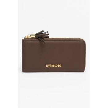 Portofel de piele ecologica cu logo metalic si fermoar - Maro inchis