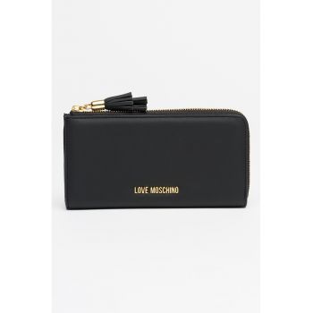 Portofel de piele ecologica cu logo metalic si fermoar - Negru