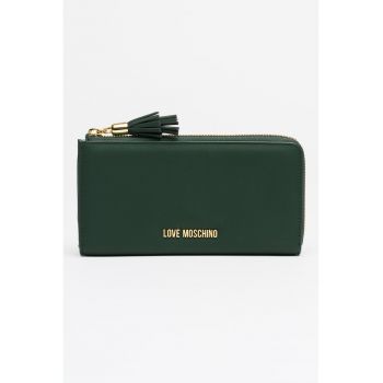 Portofel de piele ecologica cu logo metalic si fermoar - Verde padure