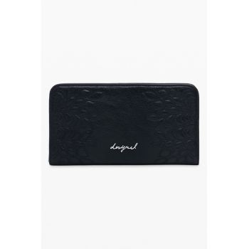 Portofel din piele ecologica cu fermoar si model - Negru